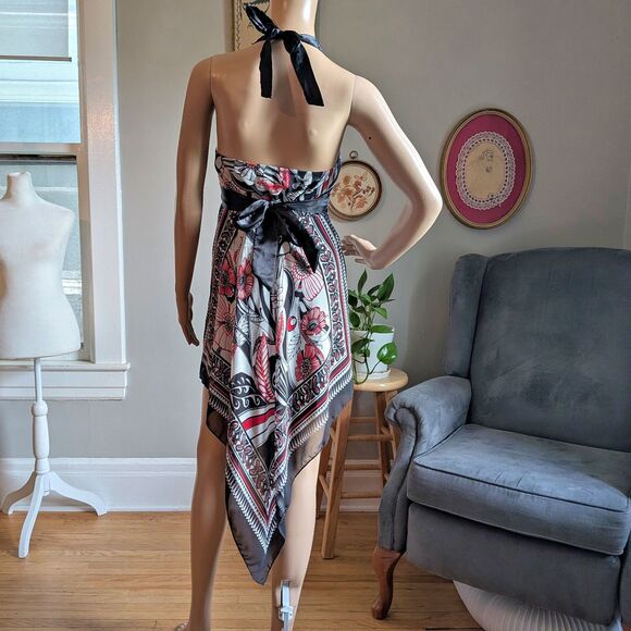 Vintage Y2K Trixxi Halter Dress Red Handkerchief Floral Whimsigoth Jrs Size 5 - Picture 4 of 10